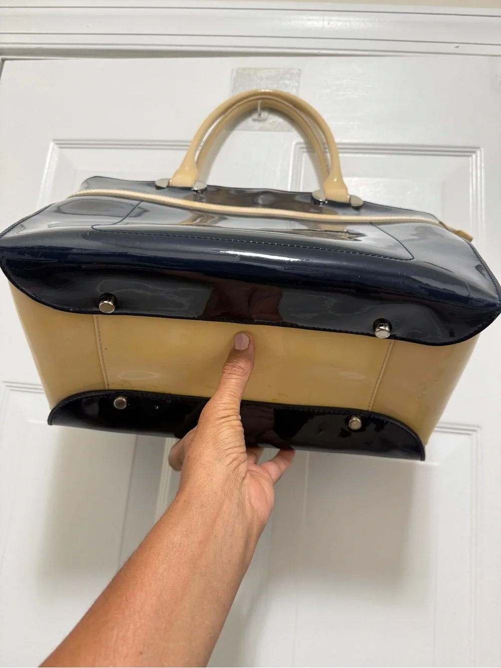 L.K Baanet Italian Patent Navy and Cream Tote Handbag